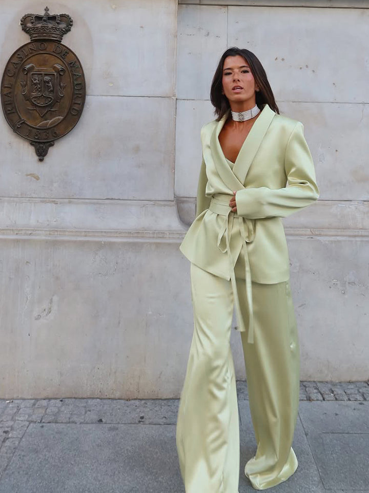 Women's Satin Two-Piece with Fitted Wrap Blazer and Wide Palazzo Pants Mune Fashion