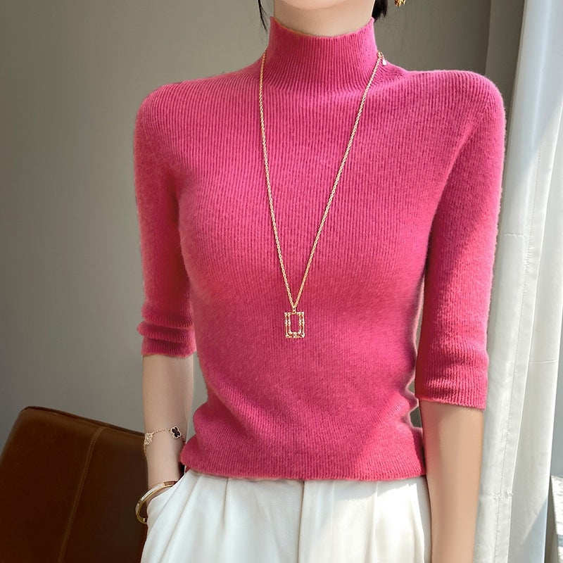 Women's Short Sleeve Mock Neck Sweater with Fluffy Angora Look Mune Fashion