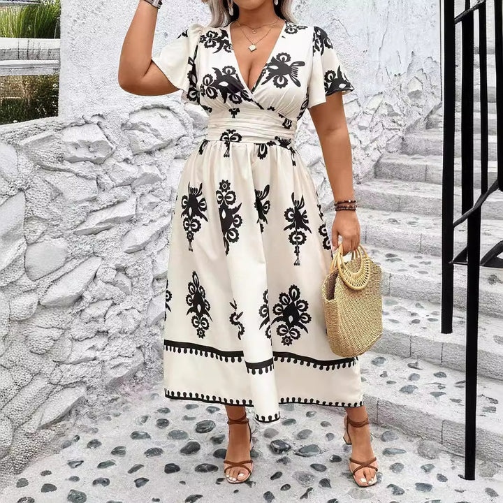 Women's Wrap Midi Dress with Tailored Draping and Decorative Border Print Mune Fashion