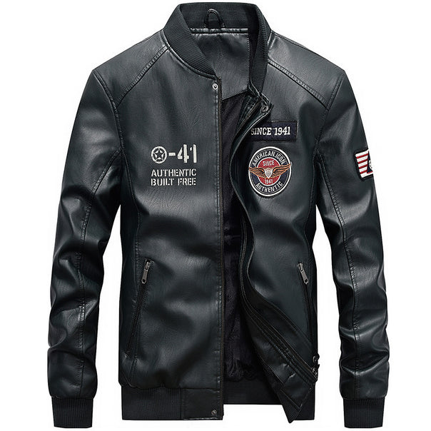 Men's lightweight faux leather bomber jacket in pilot style with embroidered patches and hidden zipper placket Mune Fashion