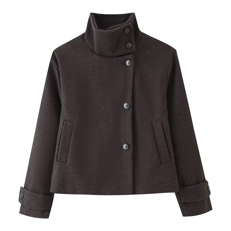 Women short boxy wool jacket with stand-up collar and cuffs Mune Fashion