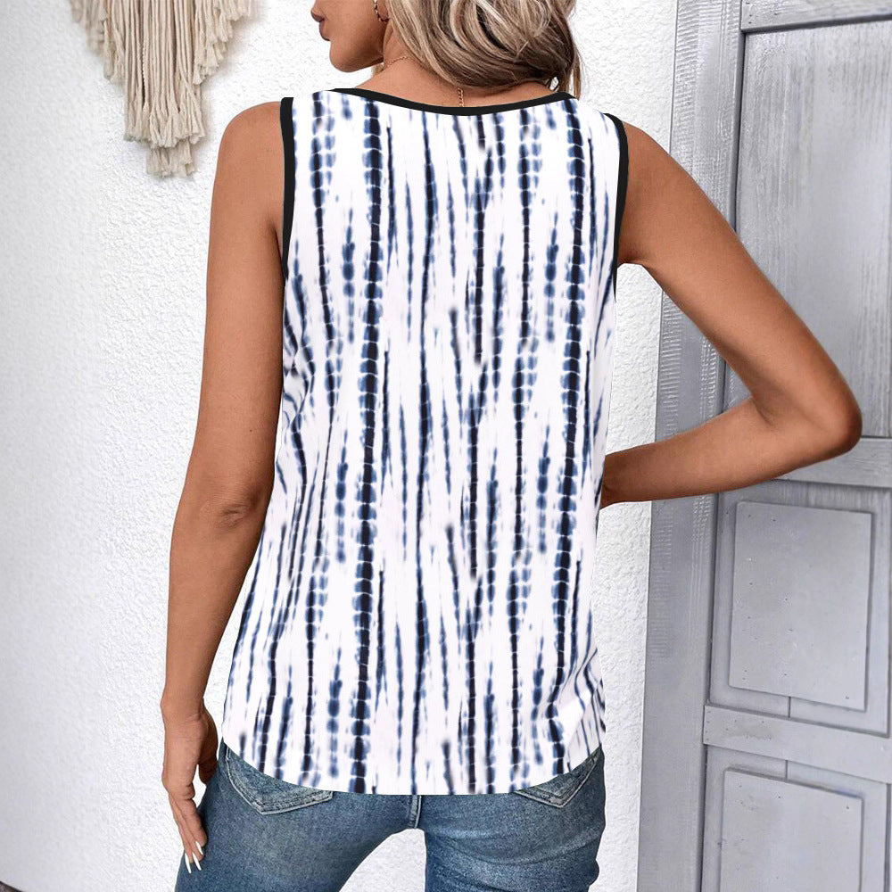 Women's sleeveless V-neck top with fine lace trim, vertical tie-dye print, and relaxed fit Mune Fashion