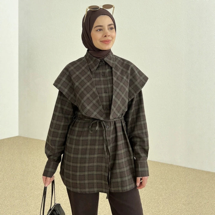 Women's Oversized Checked Shirt with Waist Belt and Extended Back Hem Mune Fashion