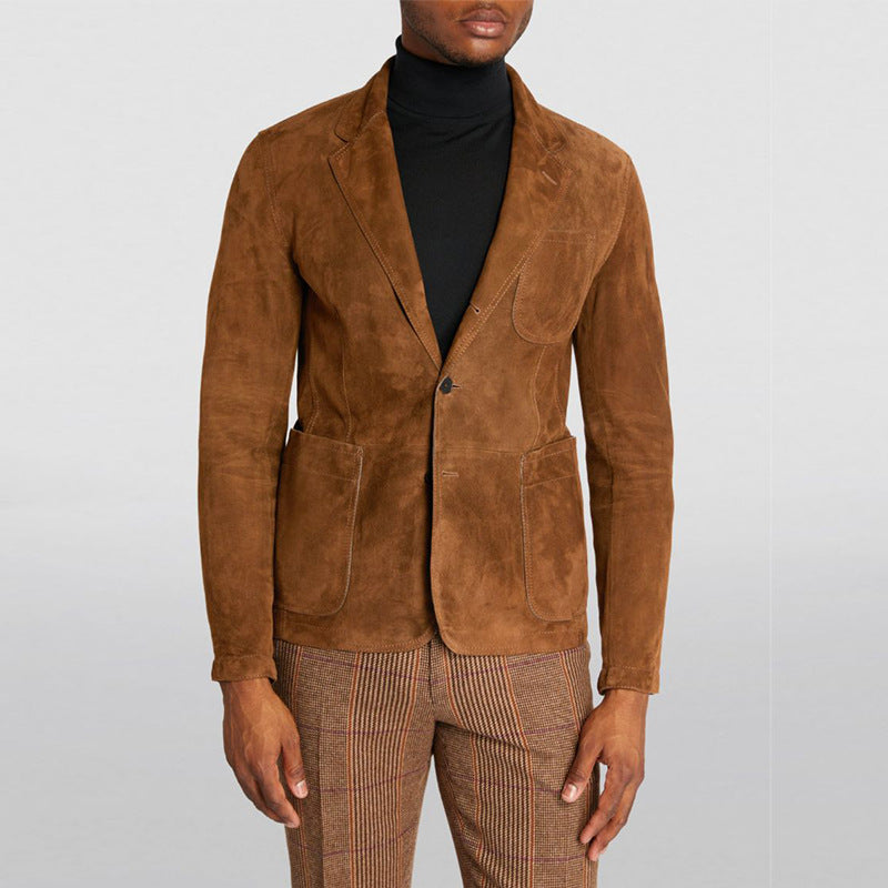 Men's Fitted Suede Blazer with Patch Pockets and Single-Button Closure Mune Fashion