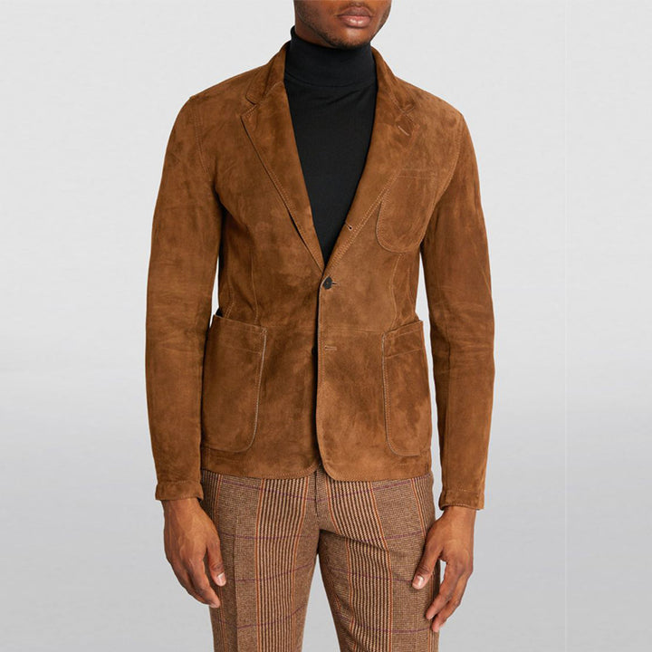 Men's Fitted Suede Blazer with Patch Pockets and Single-Button Closure Mune Fashion