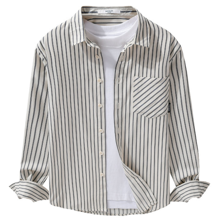 Men's pinstripe long sleeve shirt jacket in overshirt style made of lightweight cotton blend with diagonal breast pocket Mune Fashion