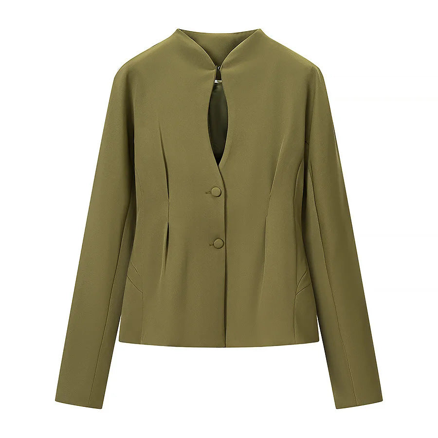 Women nan tailored short blazer with stand-up collar, cut-out front and concealed decorative seams Mune Fashion