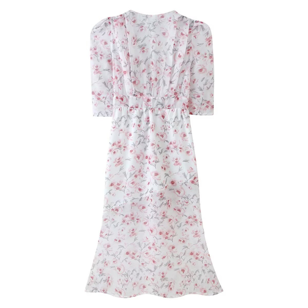 Women Chiffon Midi Dress with Floral Allover Look, V-Neck and Gathered Waist Mune Fashion