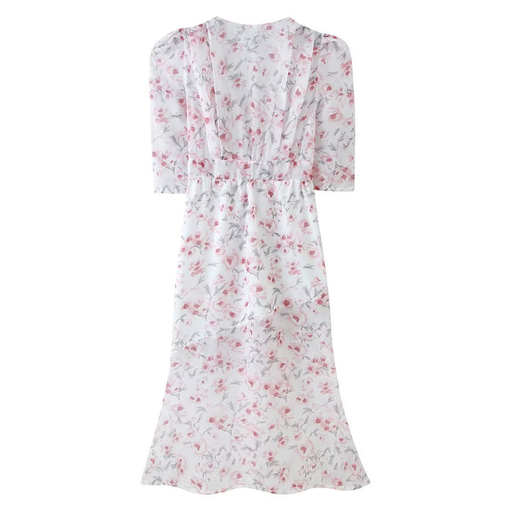 Women Chiffon Midi Dress with Floral Allover Look, V-Neck and Gathered Waist Mune Fashion
