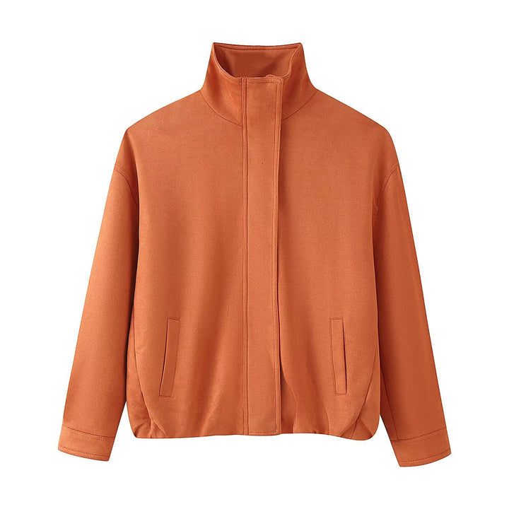 Women's Boxy Short Jacket with High Stand Collar and Concealed Zipper Mune Fashion