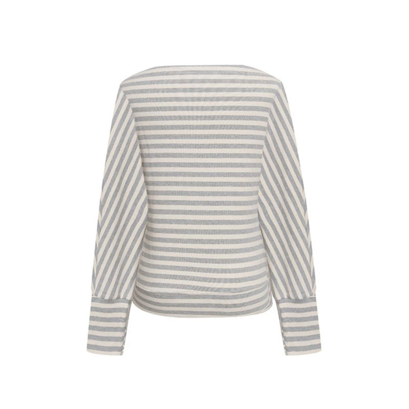 Women's Figure-hugging Striped Long Sleeve Shirt with Wide Boat Neck and Cropped Batwing Sleeves Mune Fashion