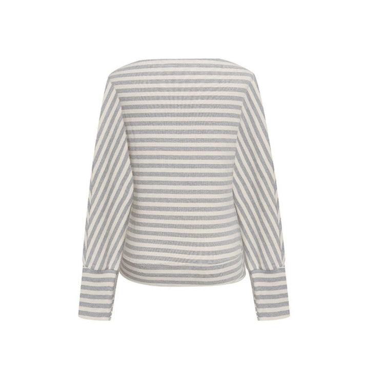Women's Figure-hugging Striped Long Sleeve Shirt with Wide Boat Neck and Cropped Batwing Sleeves Mune Fashion
