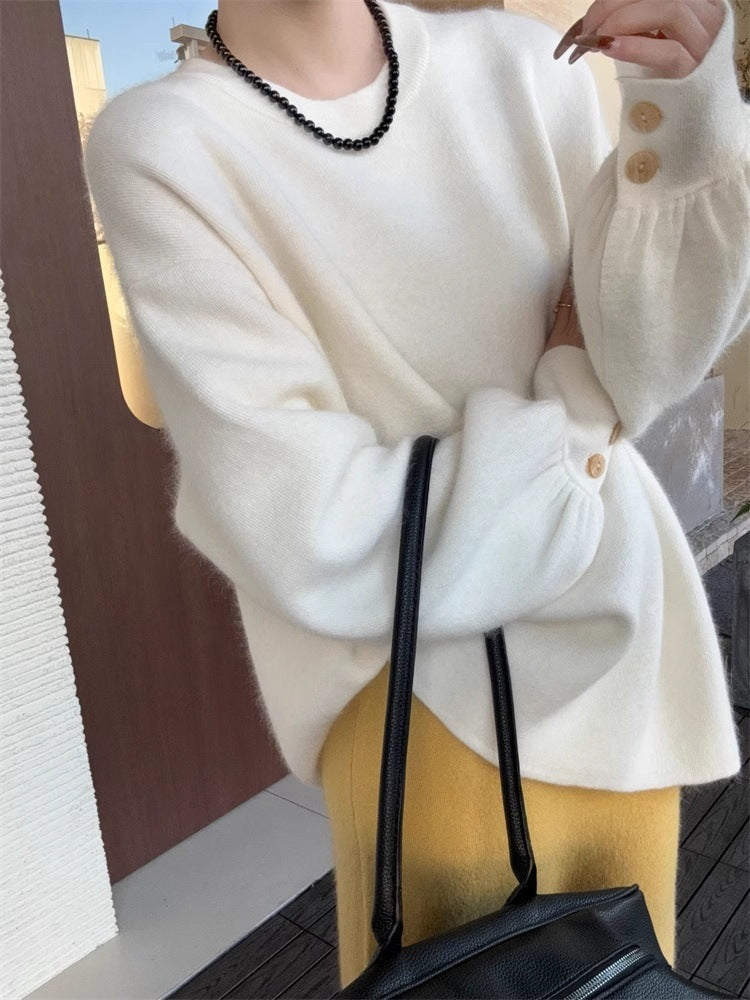 Women's Oversized Fine Knit Sweater with Balloon Sleeves and Button Cuff Mune Fashion