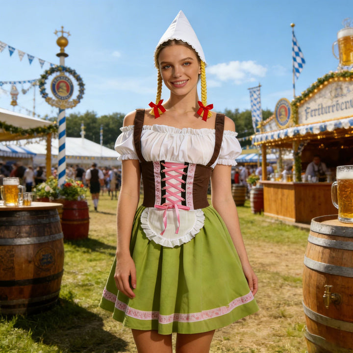 Ladies traditional dirndl costume with lacing, apron and pointed headscarf Mune Fashion