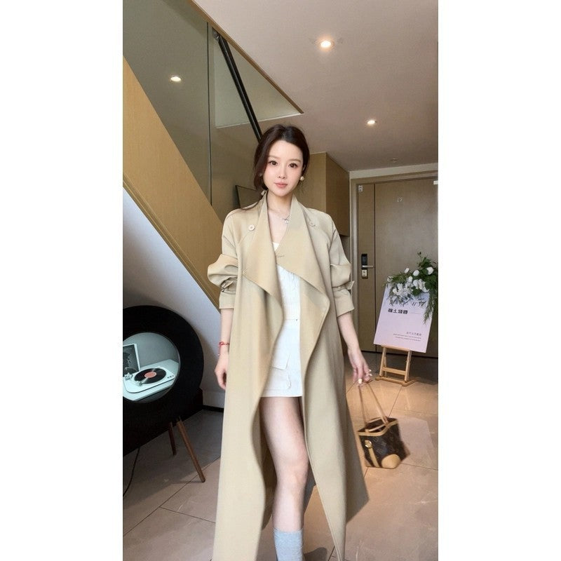 Women’s Maxi Trench Coat with Waterfall Collar and Gathered Sleeves Mune Fashion