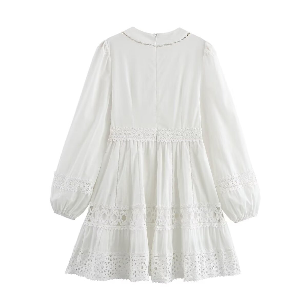 Women's Short Boho Dress with V-Neck, Ruffle Layers and Crochet Lace Mune Fashion