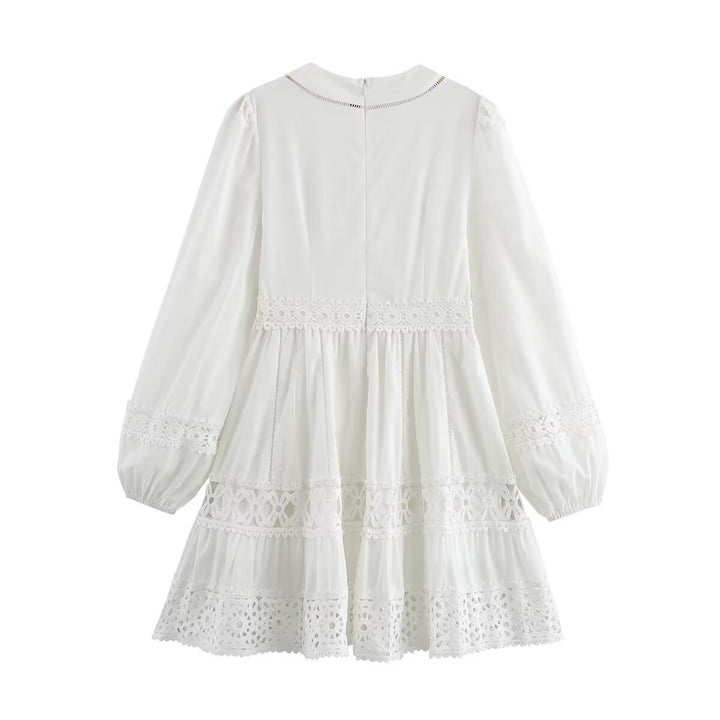 Women's Short Boho Dress with V-Neck, Ruffle Layers and Crochet Lace Mune Fashion