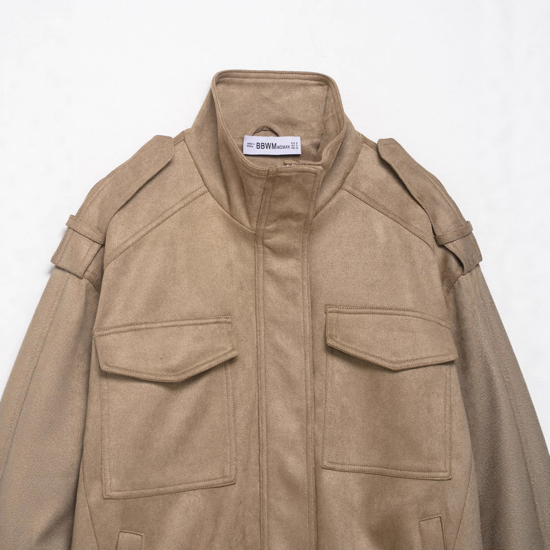 Women's field bomber jacket in suede look with high collar, flap pockets and epaulettes Mune Fashion