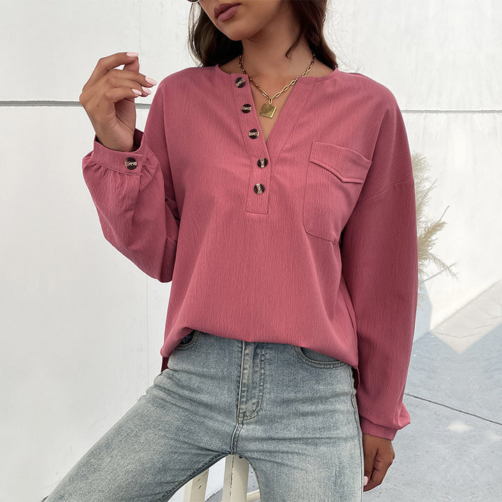 Women's Textured Henley Blouse Shirt with Button Placket and Chest Pocket Mune Fashion