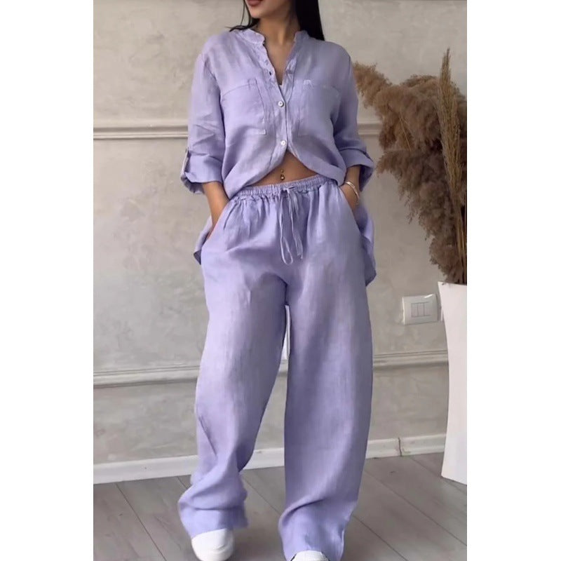 Women's Wide Linen Blend Pants with High Elastic Waistband, Drawstring and Palazzo Silhouette Mune Fashion