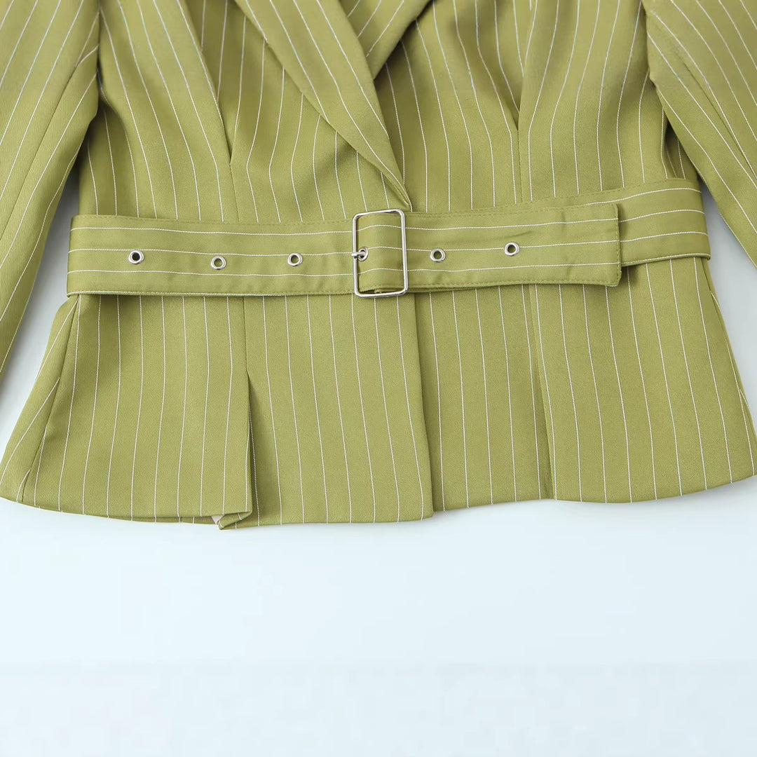 Women Tailored Cropped Blazer with Waist Belt and Pinstripes Mune Fashion