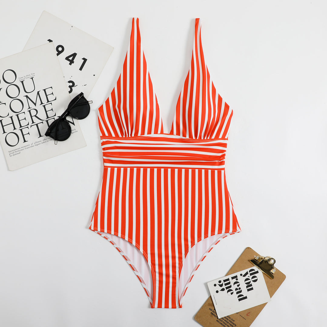 Women's One-Piece Swimsuit with Deep V-Neck and High-Cut Design Mune Fashion