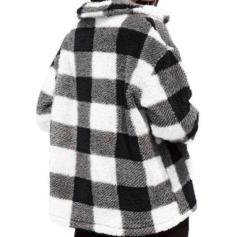 Ladies non-padded checkered teddy fleece shacket with button placket and patch pockets Mune Fashion