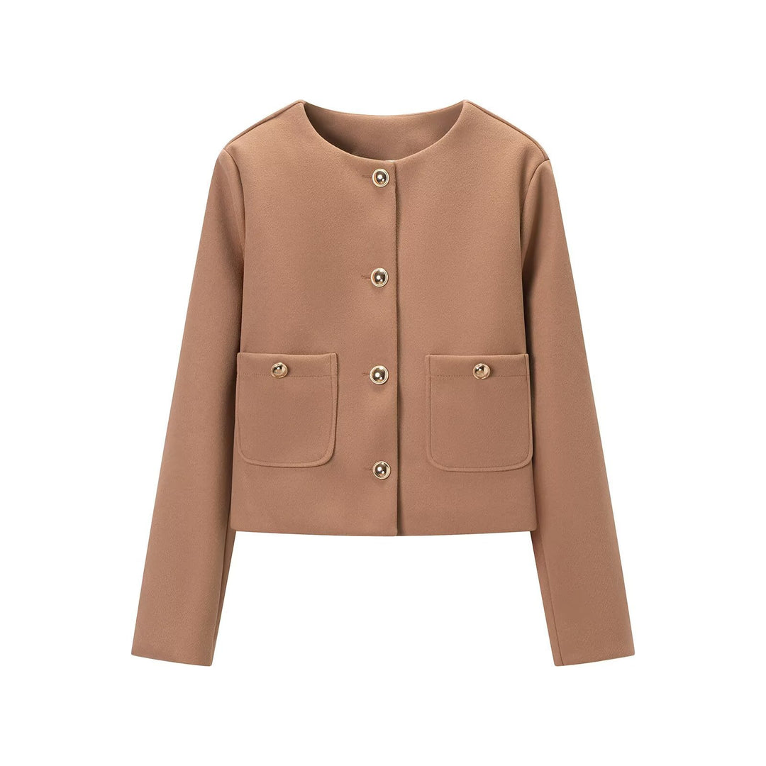 Women's cropped wool blend jacket with round neck, patch pockets and gold decorative buttons Mune Fashion