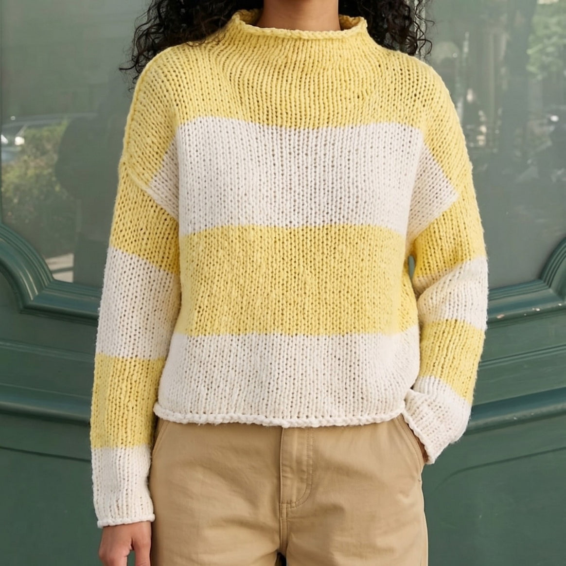 Women's Chunky Knit Cropped Sweater with Stand-Up Collar and Dropped Sleeves Mune Fashion