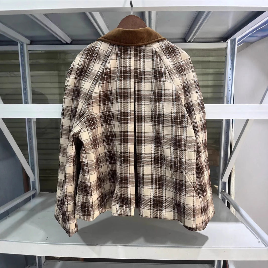 Women's checked transitional jacket with contrasting velvet collar, concealed front placket, and patch pockets Mune Fashion
