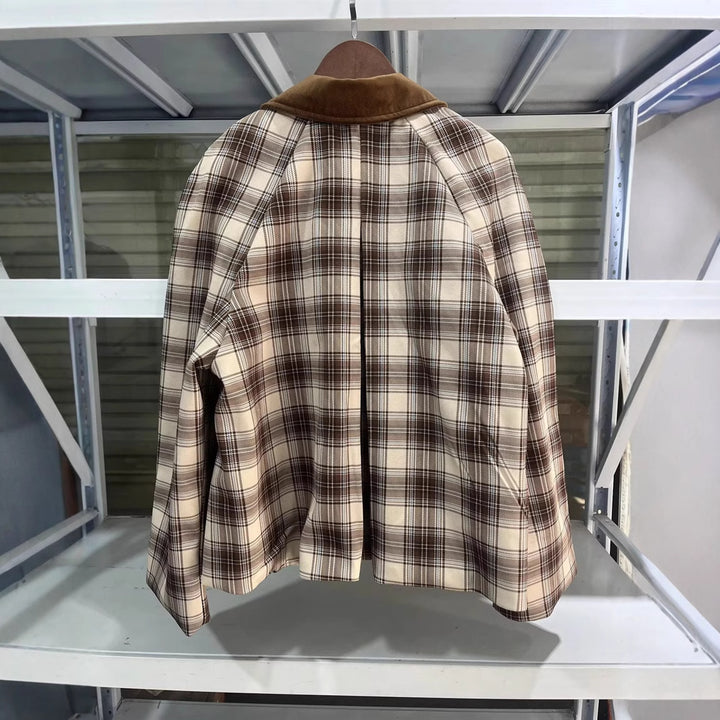 Women's checked transitional jacket with contrasting velvet collar, concealed front placket, and patch pockets Mune Fashion