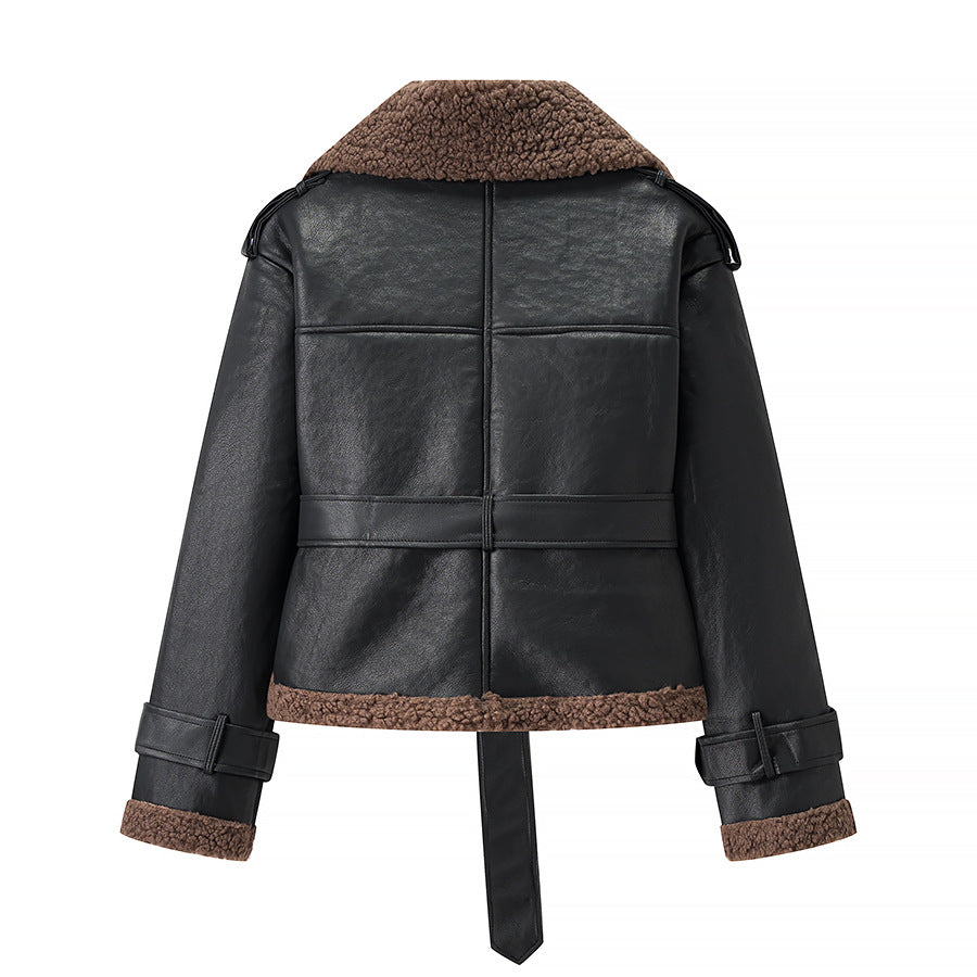 Women Short Flight Jacket Made of Faux Leather with Teddy Fur Collar and Waist Belt Mune Fashion