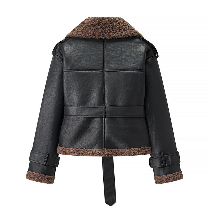 Women Short Flight Jacket Made of Faux Leather with Teddy Fur Collar and Waist Belt Mune Fashion