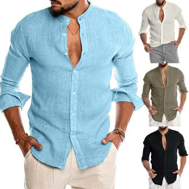 Men's linen shirt with stand-up collar, continuous button placket, and casual slim-fit cut Mune Fashion