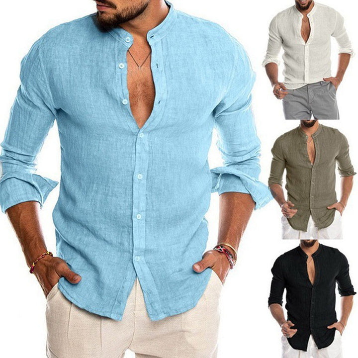 Men's linen shirt with stand-up collar, continuous button placket, and casual slim-fit cut Mune Fashion