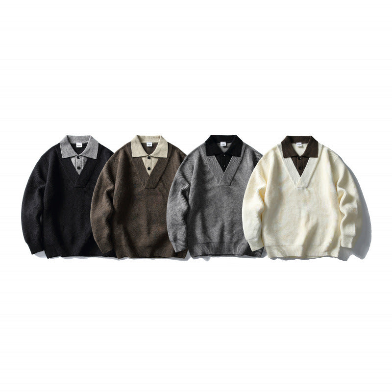 Men's pullover with polo half-button placket, oversized ribbed knit and V-neck detail Mune Fashion