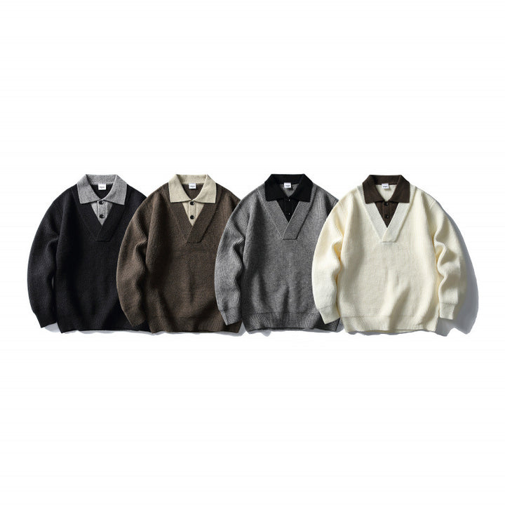 Men's knit polo sweater with oversized cut, V-insert and contrast collar Mune Fashion