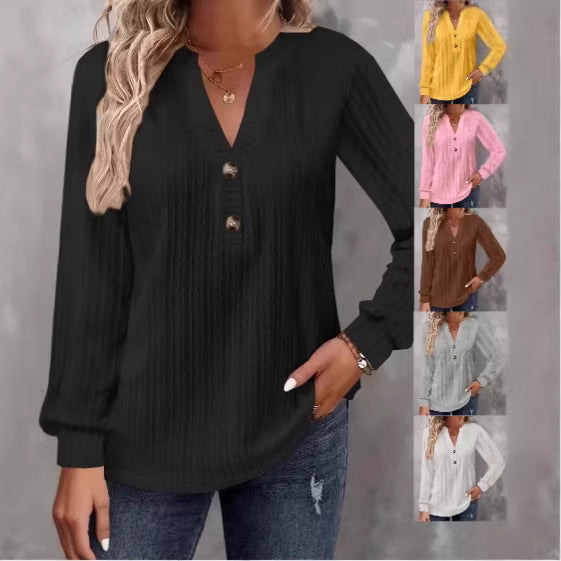 Women Structured V-Neck Long Sleeve Shirt with Decorative Button Placket Mune Fashion
