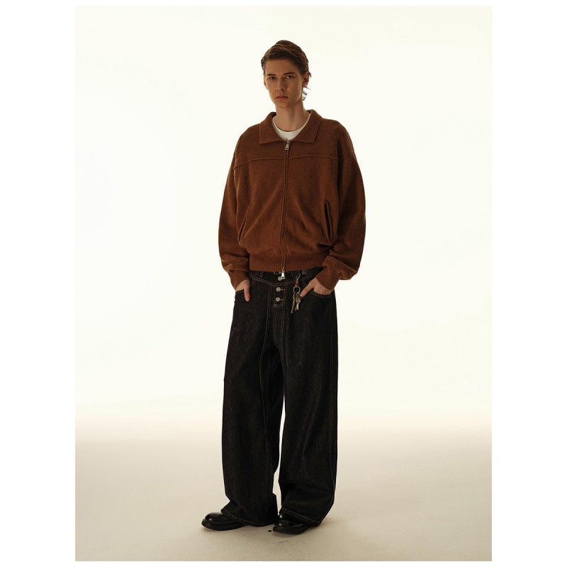 Men's knitted zip jacket with shirt collar, ribbed cuffs, and concealed side pockets Mune Fashion