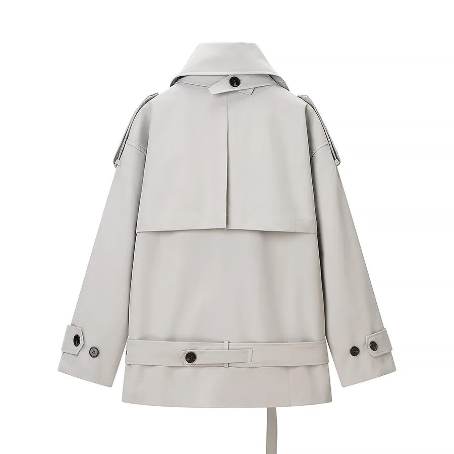Women's short cut double-breasted trench coat with waist belt and high stand-up collar Mune Fashion