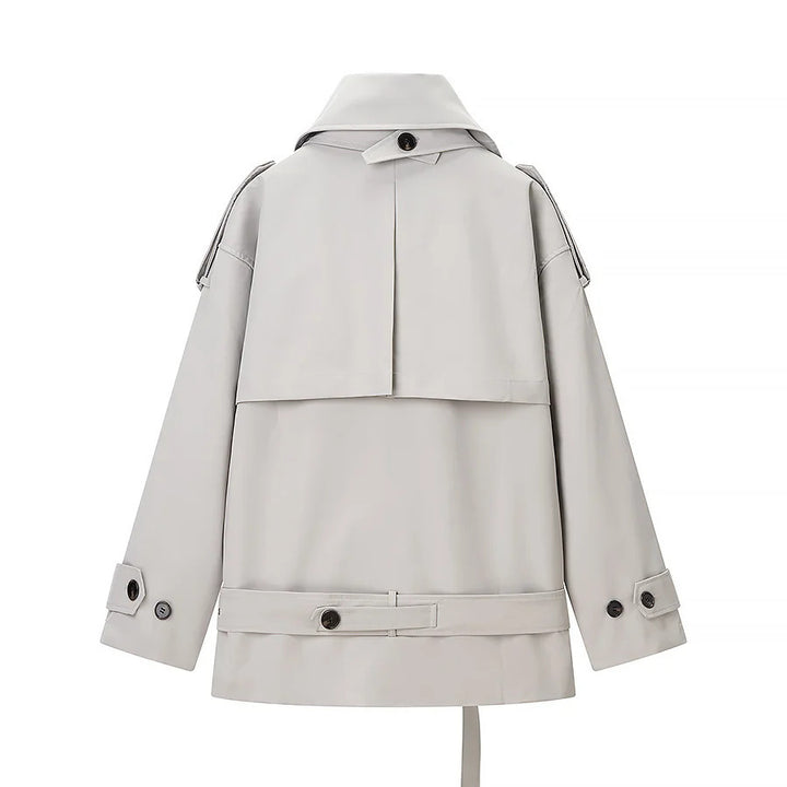 Women's short cut double-breasted trench coat with waist belt and high stand-up collar Mune Fashion