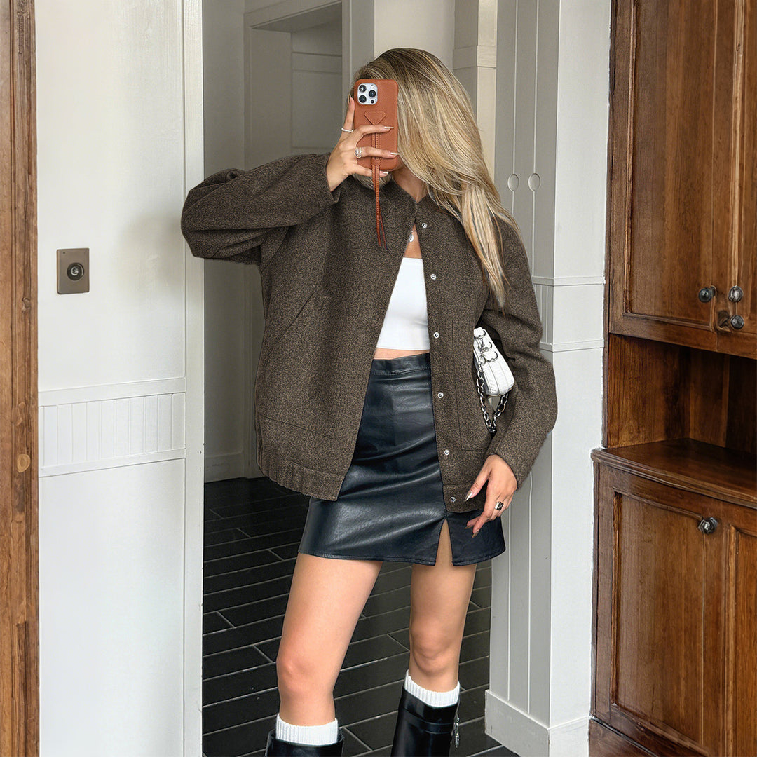 Women's oversized wool jacket with snap button placket, boxy silhouette, and patch pockets Mune Fashion