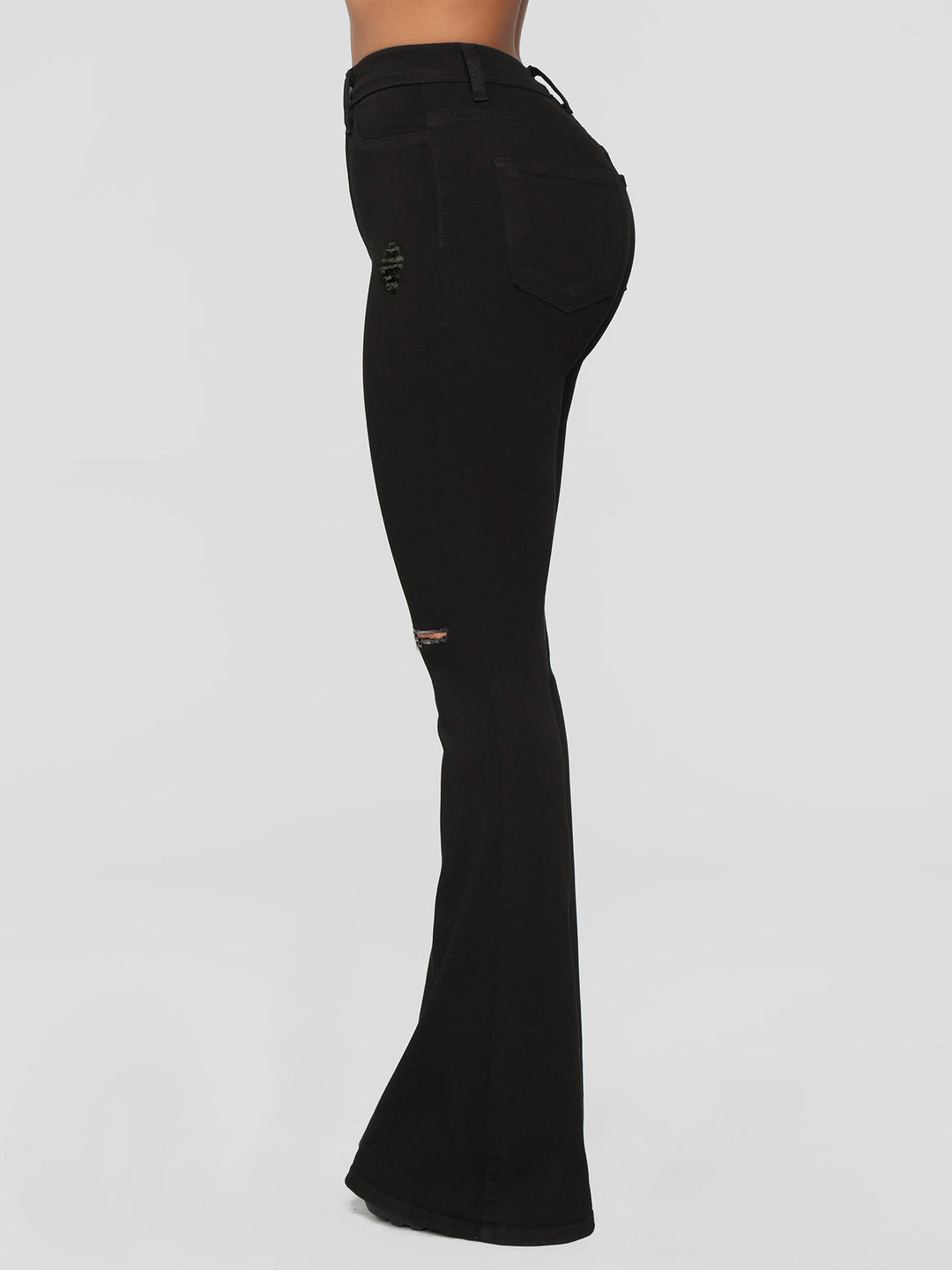 Ladies High-Waist Flared Jeans with Knee Rips and Sculpting Stretch Waistband Mune Fashion