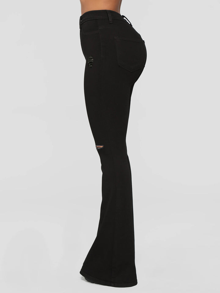 Ladies High-Waist Flared Jeans with Knee Rips and Sculpting Stretch Waistband Mune Fashion