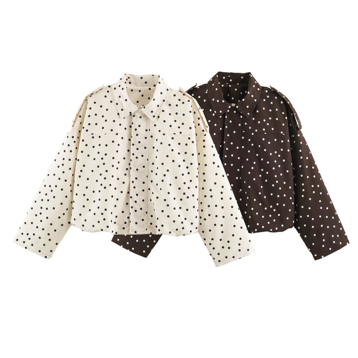 Ladies Polka Dot Cropped Blazer with Shirt Collar and Epaulettes Mune Fashion