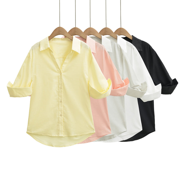 Women's Lightweight Oversized Linen-look Blouse with Kent Collar and Roll-up Sleeves Mune Fashion