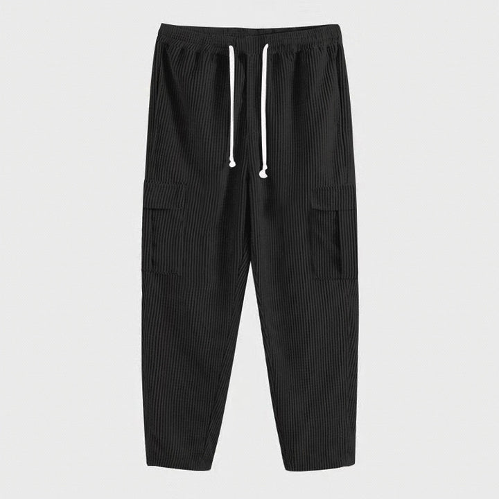Men's ribbed comfortable cargo pants with elastic drawstring waistband and low-set flap pockets Mune Fashion