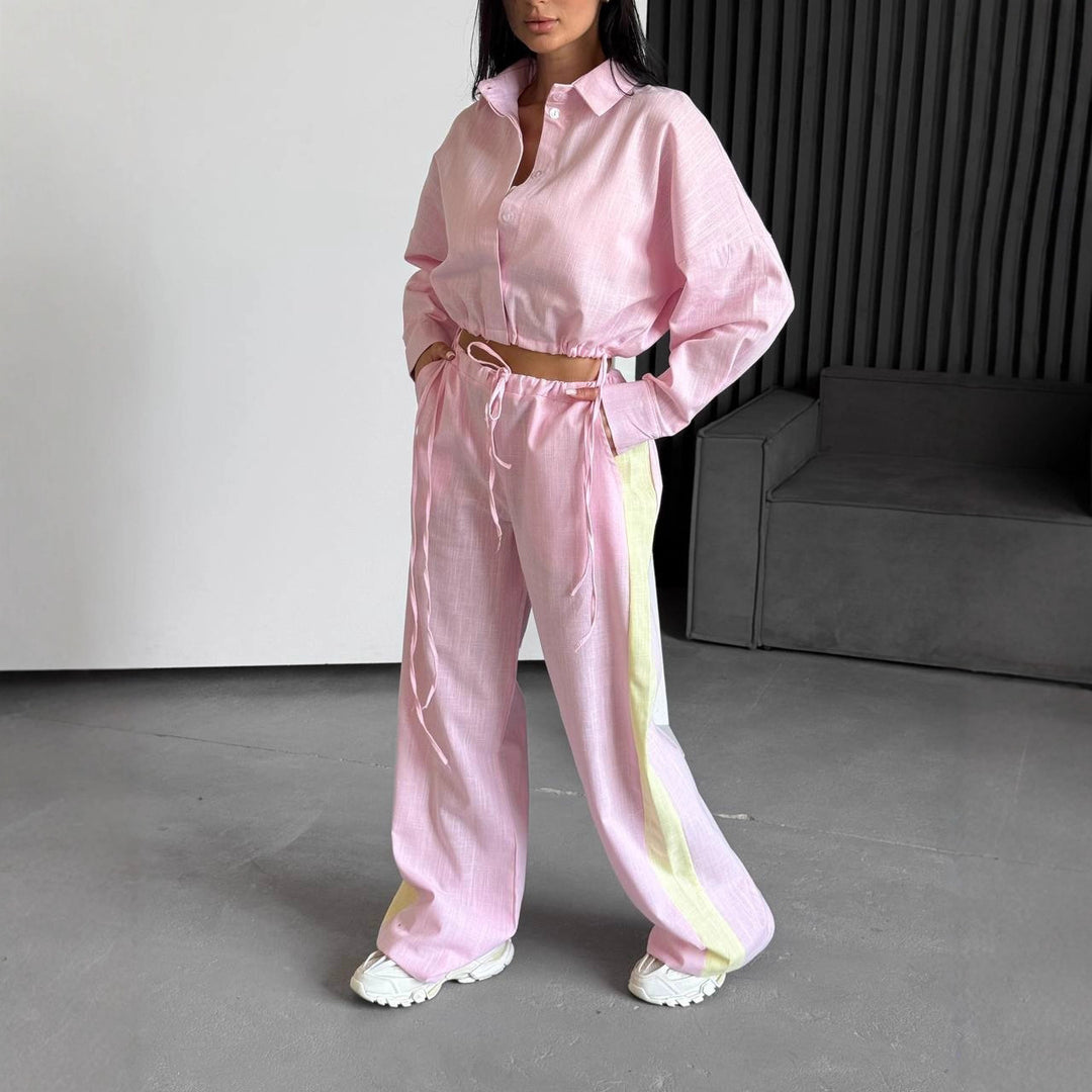 Women's Two-Piece Cotton-Linen Loungewear Set with Cropped Shirt Blouse and Wide Drawstring Pants Mune Fashion
