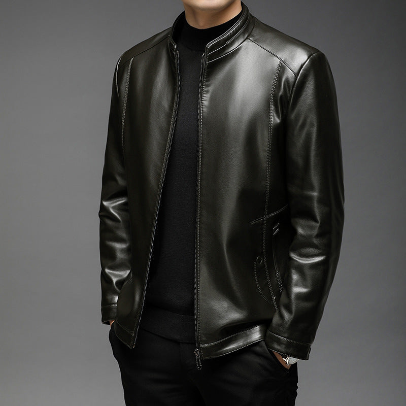 Men's Minimalistic Leather Look Transitional Jacket with Stand Collar and Two-Way Zipper Mune Fashion