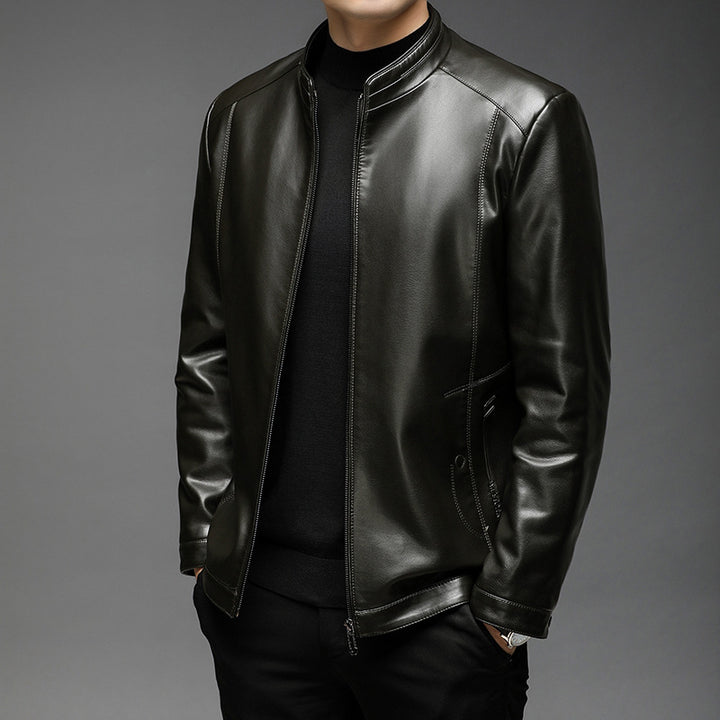 Men's Minimalistic Leather Look Transitional Jacket with Stand Collar and Two-Way Zipper Mune Fashion